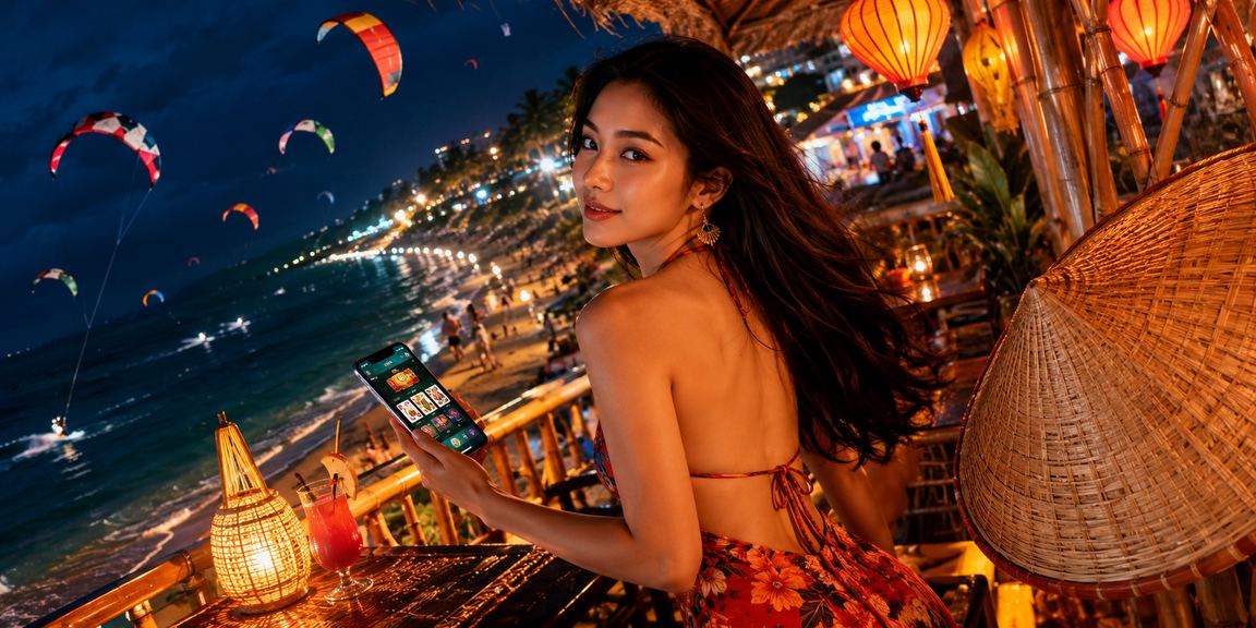 Bãi biển Mũi Né buổi tối với người dùng theo dõi kèo thể thao trên thiết bị di động